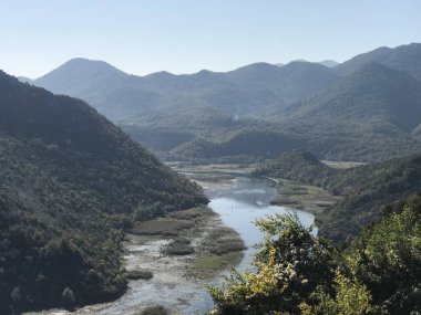Gündüz vakti ormanla kaplı dağların arasındaki nehrin manzarası. 