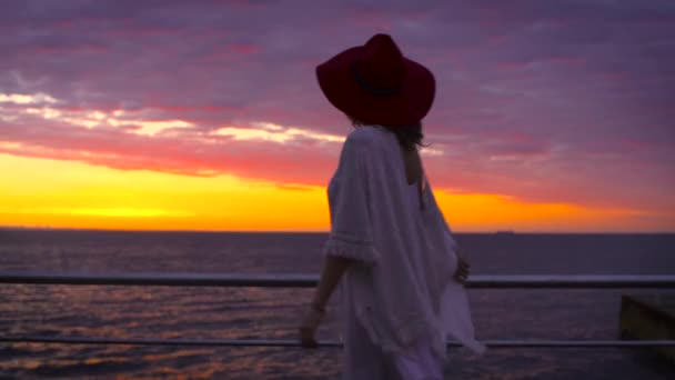 Молода Приваблива Жінка Білій Сукні Капелюсі Позує Морському Фоні Дивовижному — стокове відео