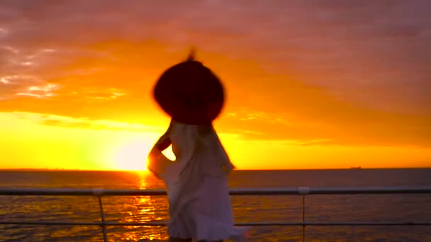 Ελκυστική Κοπέλα Φορώντας Λευκό Φόρεμα Και Καπέλο Θέτοντας Θάλασσα Φόντο — Αρχείο Βίντεο