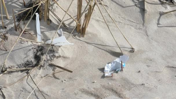 Poluição da folha plástica na areia da praia — Vídeo de Stock