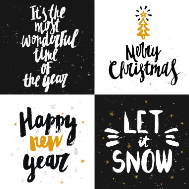 Handdrawn yazı ile vektör Noel ve yeni yıl kartları koleksiyonu.