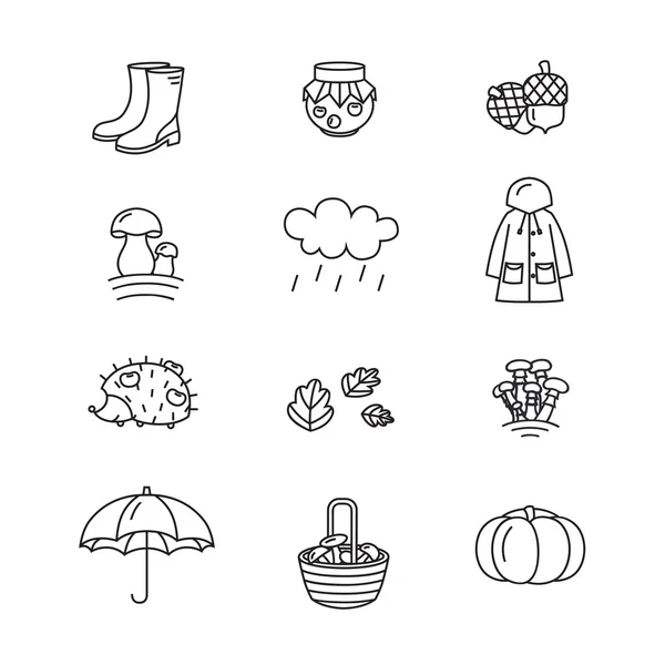 Große Sammlung linearer Symbole mit verschiedenen Herbst- und Herbstsymbolen. Kleidung, Marmelade, Wetter, Pilze, Ernte usw.. — Stockvektor