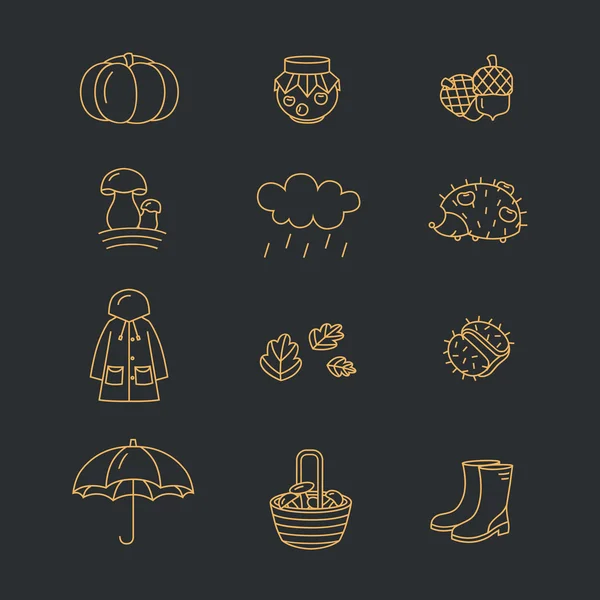 Stor samling av linjära ikoner med olika höst och höst symboler. Sylt, svamp, väder, kläder, skörd osv. — Stock vektor