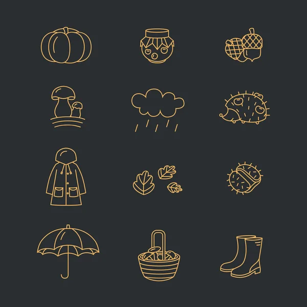 Gran colección de iconos lineales con diferentes símbolos de otoño y otoño. Ropa, mermelada, clima, setas, cosecha, etc. . Vector de stock