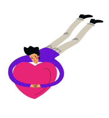 Mutlu erkek karakter sinekleri kocaman bir kalbe sarılıyor - romantik düz vektör çizimi