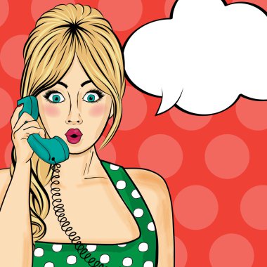 Pop art kadın Retro telefonda sohbet. Komik kadın ile konuşma