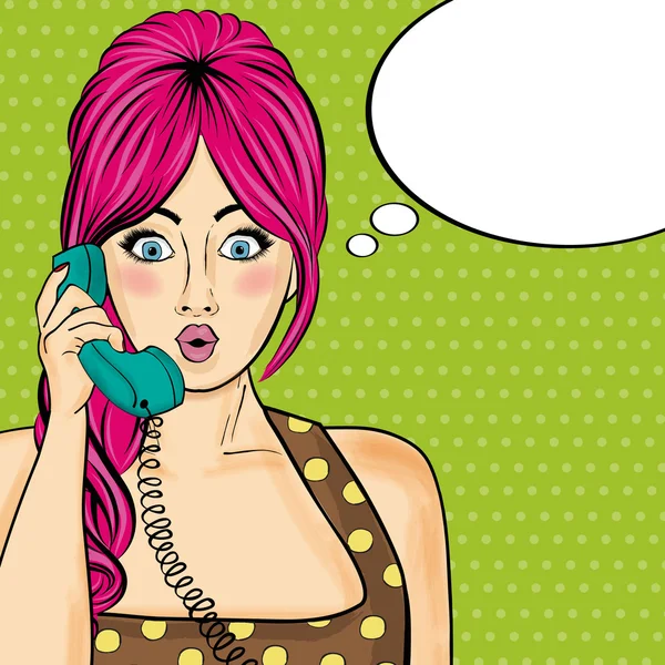 Popart vrouw chatten op retro telefoon. Komische vrouw met spraak — Stockvector