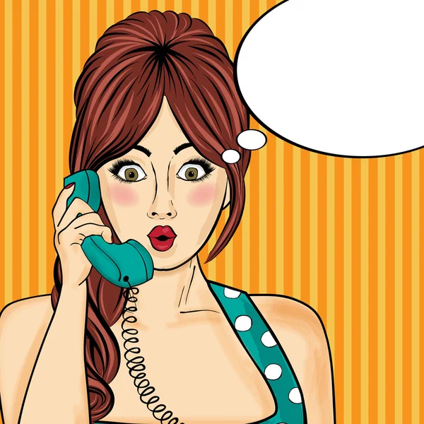 Popart vrouw chatten op retro telefoon. Komische vrouw met spraak — Stockvector