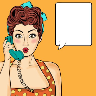 Pop art kadın Retro telefonda sohbet. Komik kadın ile konuşma