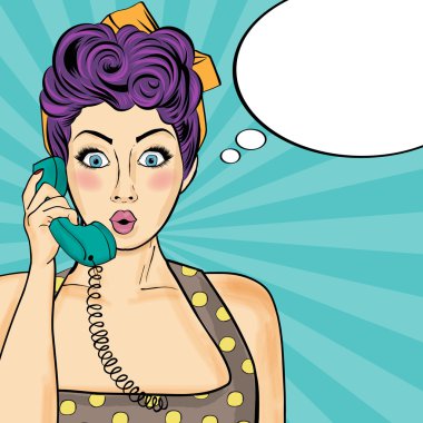 Pop art kadın Retro telefonda sohbet. Komik kadın ile konuşma