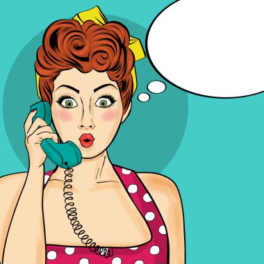 Pop art kadın Retro telefonda sohbet. Komik kadın ile konuşma