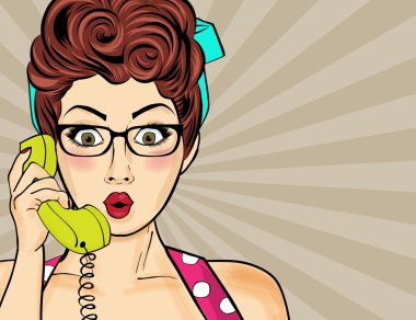 Pop art kadın Retro telefonda sohbet. Komik kadın ile konuşma
