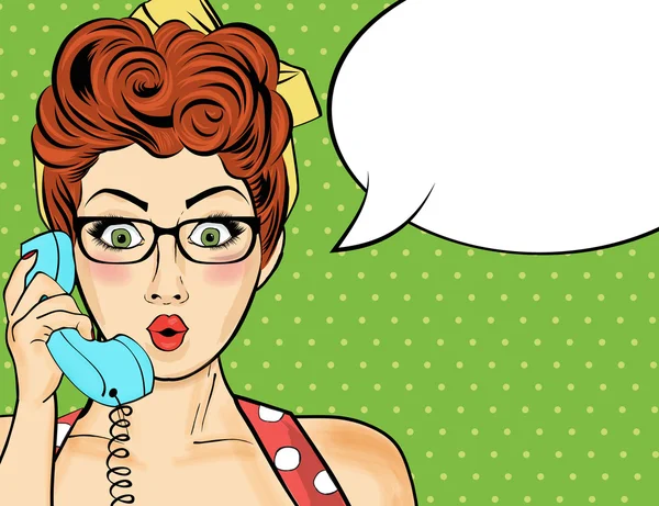 Pop-Art-Frau plaudert am Retro-Telefon. Komikerin mit Sprache — Stockvektor