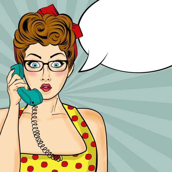 Pop-Art-Frau plaudert am Retro-Telefon. Komikerin mit Sprache — Stockvektor