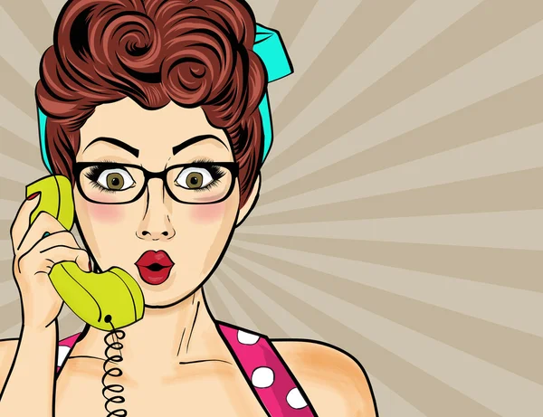 Женщина-поп-арт болтала по ретро-телефону. Комическая женщина с речью — стоковый вектор