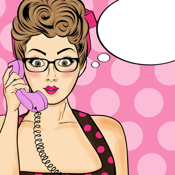 Mulher da arte pop conversando no telefone retro. Mulher cómica com fala — Vetor de Stock