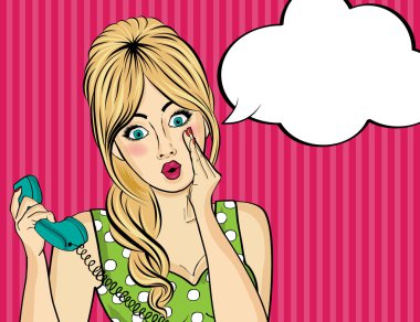 Retro telefon, onun sırlarını söyleyen sürpriz pop sanat kadınla