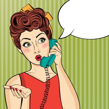 Pop art kadın Retro telefonda sohbet. Komik kadın ile konuşma