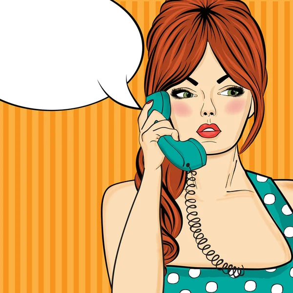 Pop art donna in chat sul telefono retrò. Donna comica con discorso — Vettoriale Stock