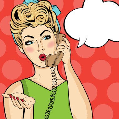 Pop art kadın Retro telefonda sohbet. Komik kadın ile konuşma