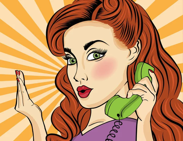 Pop art kadın retro telefon ile — Stok Vektör