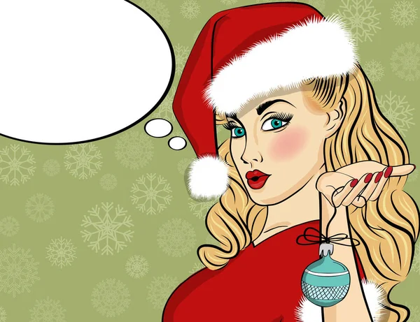 Pop art Santa girl. Pin up Santa girl. Santa menina com fala bu — Vetor de Stock