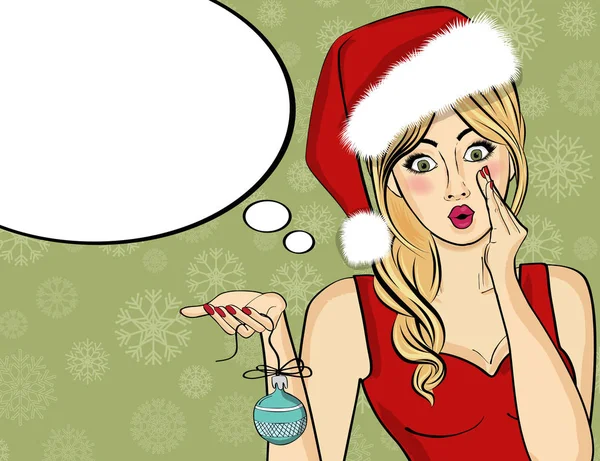 Pop art Noel Baba kız. Noel Baba kız pin. Konuşma bu kızla Santa — Stok Vektör