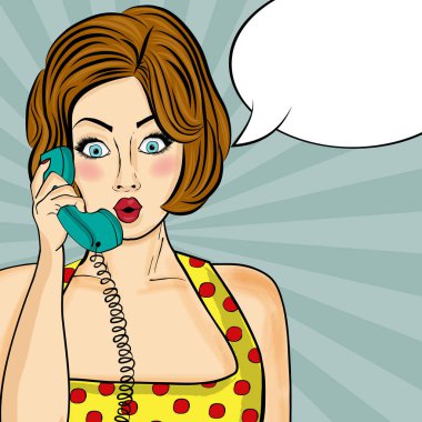 Retro telefonda Sohbet sürpriz pop art kadın. Komik kadın w