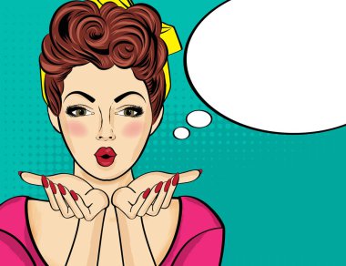 Sürpriz pop art kadın. Komik kadın konuşma balonu ile. PIN 