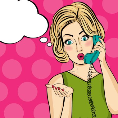 Retro telefonda Sohbet sürpriz pop art kadın. Komik kadın w