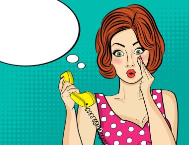 Retro telefonda Sohbet sürpriz pop art kadın. Komik kadın w