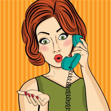 Retro telefonda Sohbet sürpriz pop art kadın. Komik kadın w