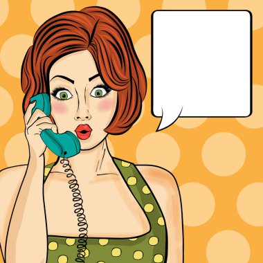 Retro telefonda Sohbet sürpriz pop art kadın. Komik kadın w