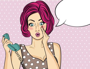 Retro telefonda Sohbet sürpriz pop art kadın. Komik kadın w