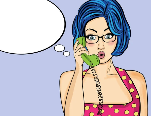 Rozmowy telefon retro kobieta zaskoczony pop-artu. Komiks kobiety w — Wektor stockowy