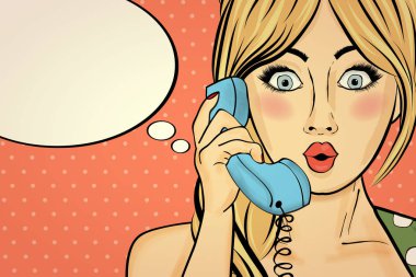 Retro telefonda Sohbet sürpriz pop art kadın. Komik kadın wi