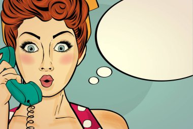 Retro telefonda Sohbet sürpriz pop art kadın. Komik kadın wi