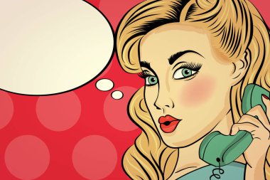 Retro telefonda Sohbet sürpriz pop art kadın. Komik kadın wi