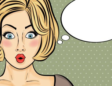 Sürpriz pop art kadın. Komik kadın konuşma balonu ile. PIN 