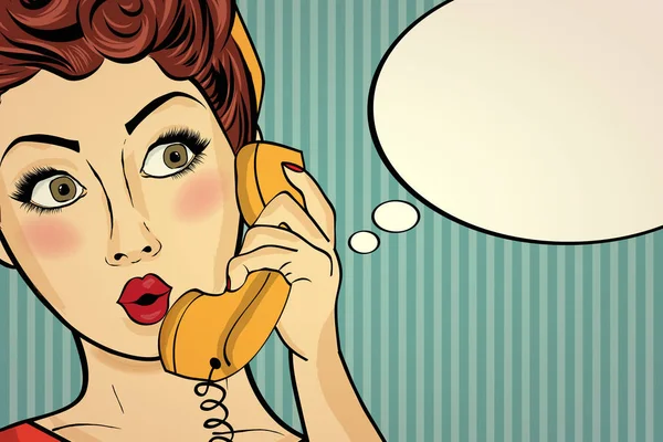 惊讶的波普艺术女人复古通电话聊天。漫画女人无线 — 图库矢量图片