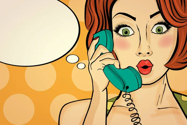 Sorpresa pop art donna in chat sul telefono retrò. Donna fumetto wi — Vettoriale Stock