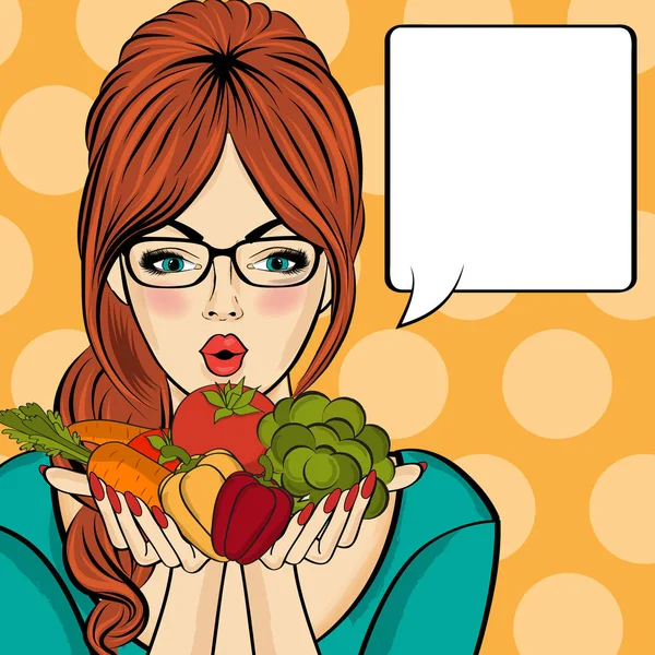 Surprised pop art  woman that holds vegetables  in her hands . C — Stock Vector