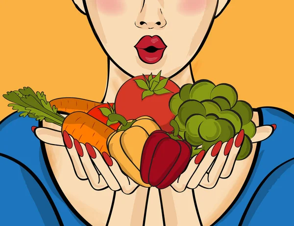 Mujer de arte pop sorprendida que sostiene verduras en sus manos. C — Vector de stock