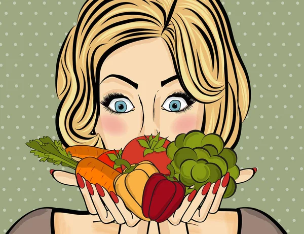 Überraschte Pop-Art-Frau, die Gemüse in ihren Händen hält. c — Stockvektor