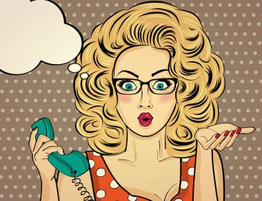 Retro telefonda Sohbet sürpriz pop art kadın. Komik kadın wi