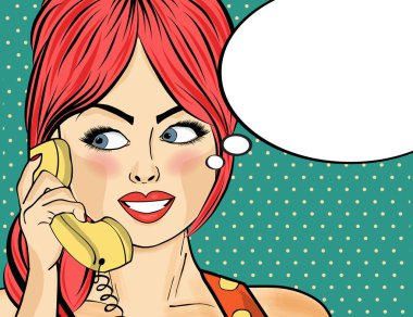 Pop art kadın Retro telefonda sohbet. Komik kadın ile konuşma 