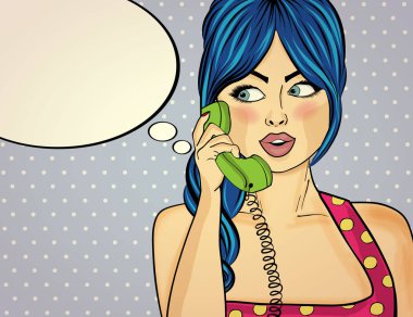 Retro telefonda Sohbet sürpriz pop art kadın. Komik kadın wi