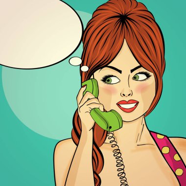 Retro telefonda Sohbet sürpriz pop art kadın. Komik kadın wi