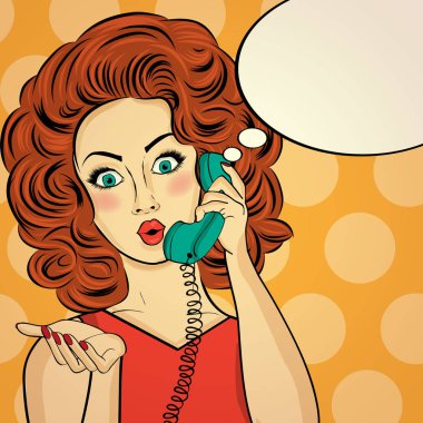 Retro telefonda Sohbet sürpriz pop art kadın. Komik kadın wi