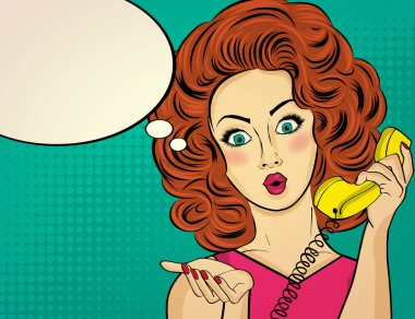 Retro telefonda Sohbet sürpriz pop art kadın. Komik kadın wi